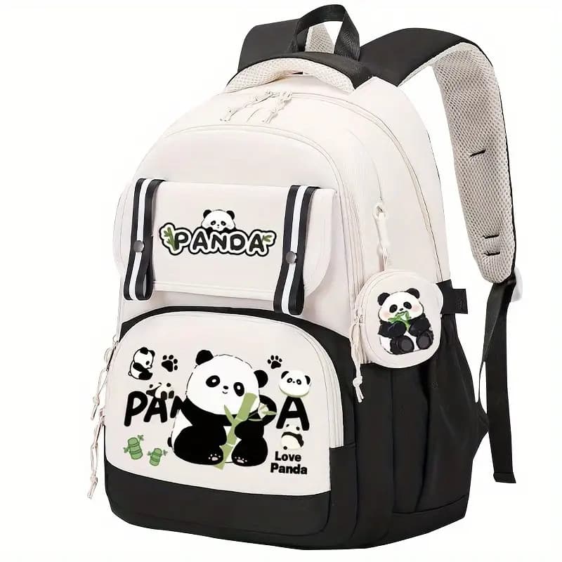 Large Capacity Panda Floral Backpack Unisex School Bag Korean Style Student Bookbag Stress Relief Nylon Material 20-35L Capacity