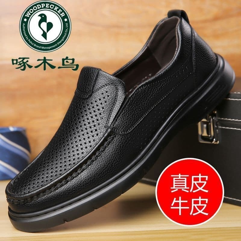 Woodpecker Genuine 2023 New Spring Summer Leather Hollow Men's Shoes Soft Sole Flat Heel Wide Fat Foot Casual Dad Shoes