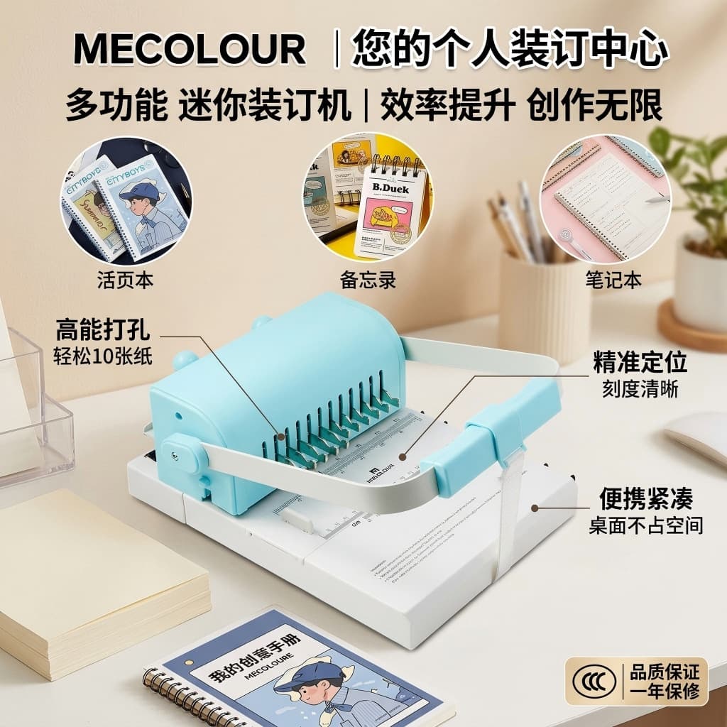 Mini Dual Coil Binding Machine Punch and Bind All-in-One, Student DIY Journal Loose-Leaf Notebook Making, Blue Pink