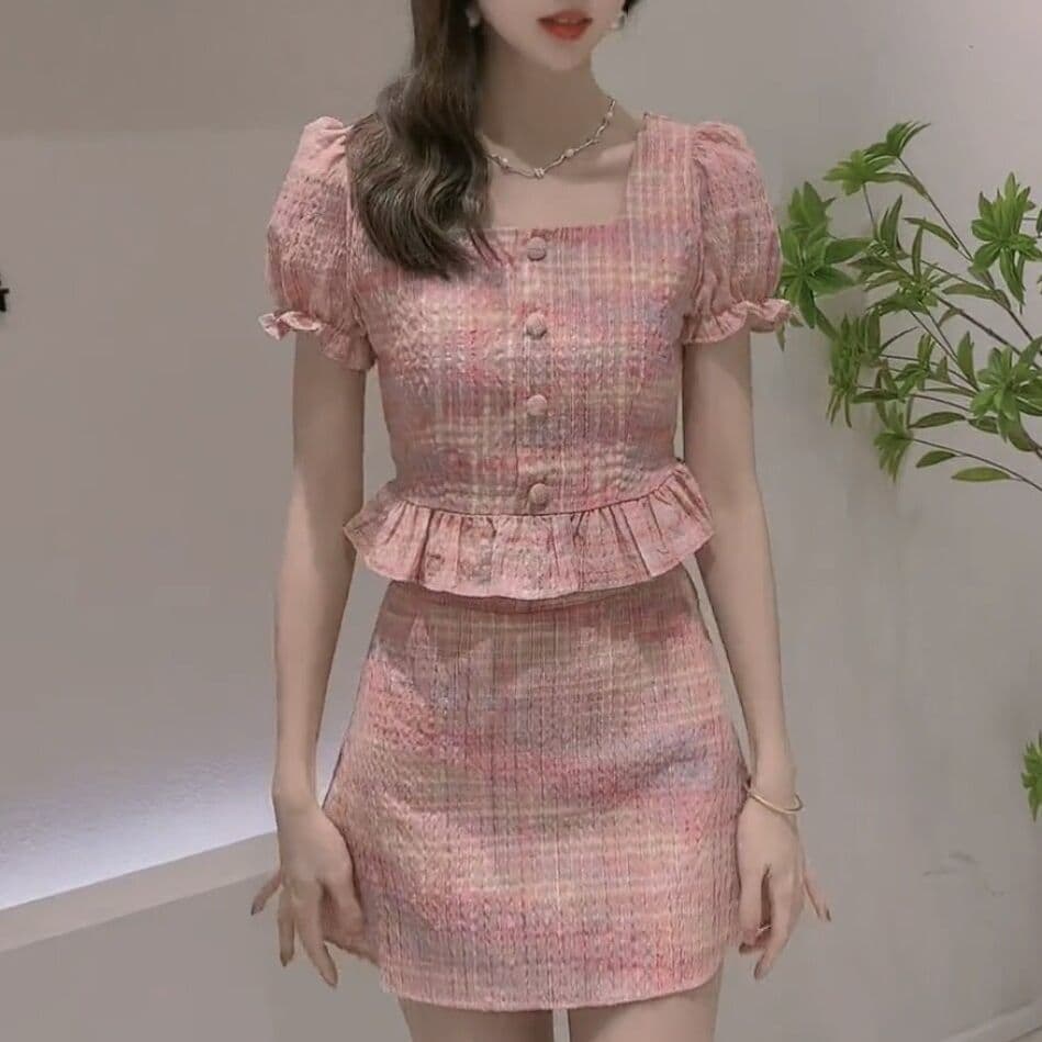 Spring Summer 2026 New Fashion Two-Piece Set with Puff Sleeve Square Neck Short Sleeve Blouse and Mid-Length Skirt for Women Cross-Border