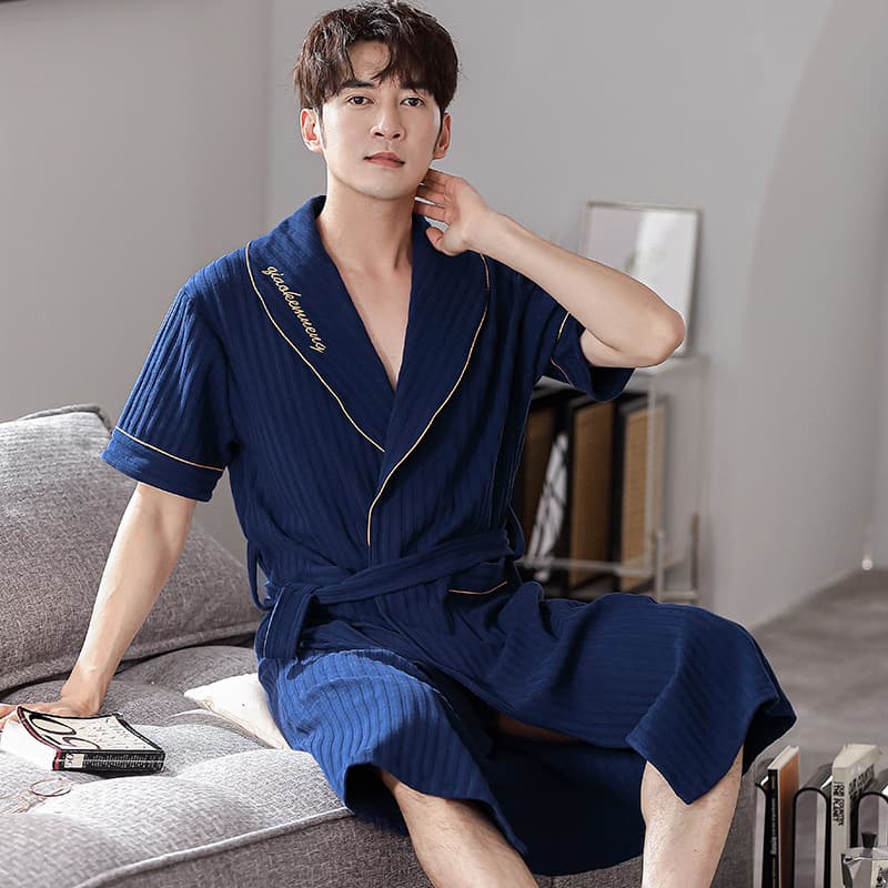 Loose Men's Cotton Sleep Robe Short Sleeve Mid-Length Summer Comfortable Breathable Home Wear Large Size Outdoor Wearable