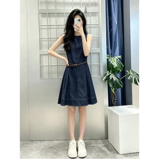 American-style Spicy Girl Dark Blue Denim Dress Women's Summer New Sleeveless Vest Dress Sweet Cool A-line Short Skirt