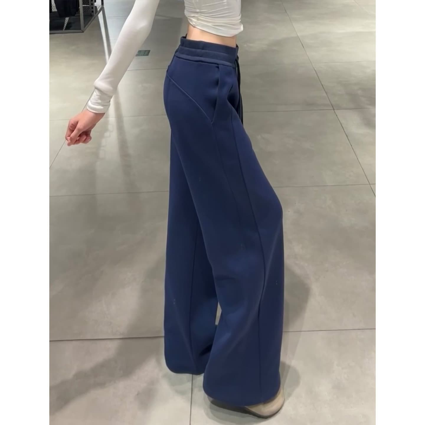 Navy Korean Style Casual Straight-Leg Sweatpants for Women, Fall/Winter 2025 New Arrival, High-Waist Slimming Fleece-Lined Wide-Leg Pants