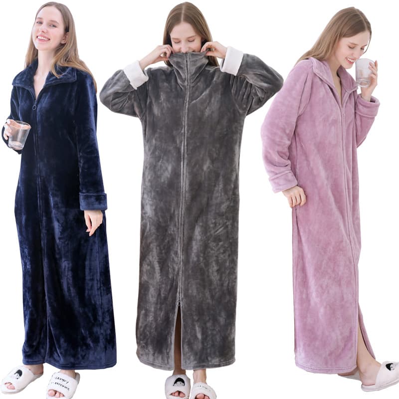 Autumn/Winter New Women's Sleep Dress Extended Double Zipper Sleepwear Homewear Robe Thick Warm Fleece Lined