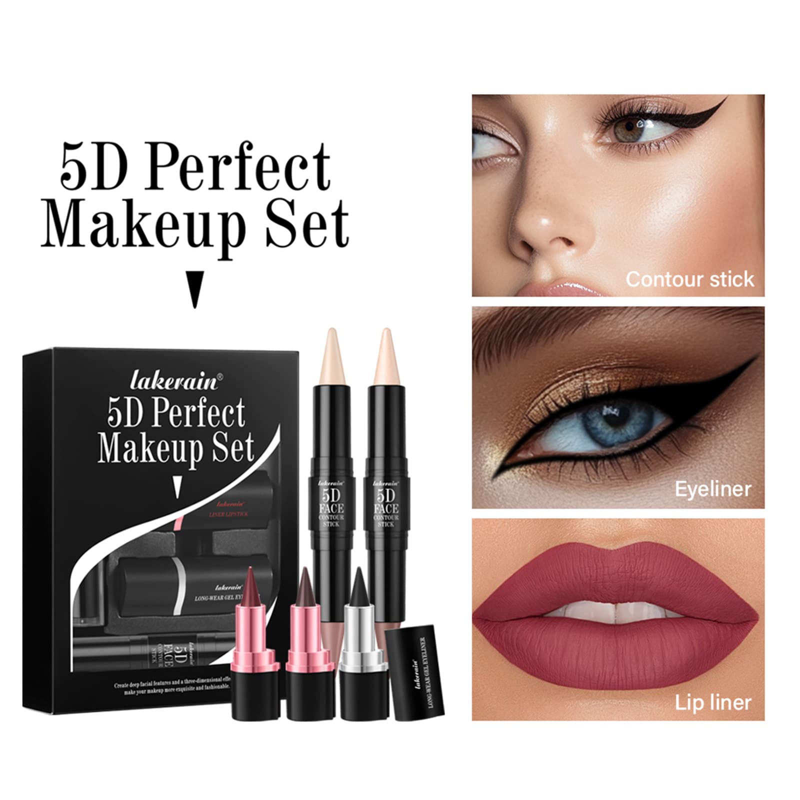 Lakerain Pointed Tip Face Makeup Set 5-Piece Eyeliner Lip Liner Contour Stick 3D Makeup Kit