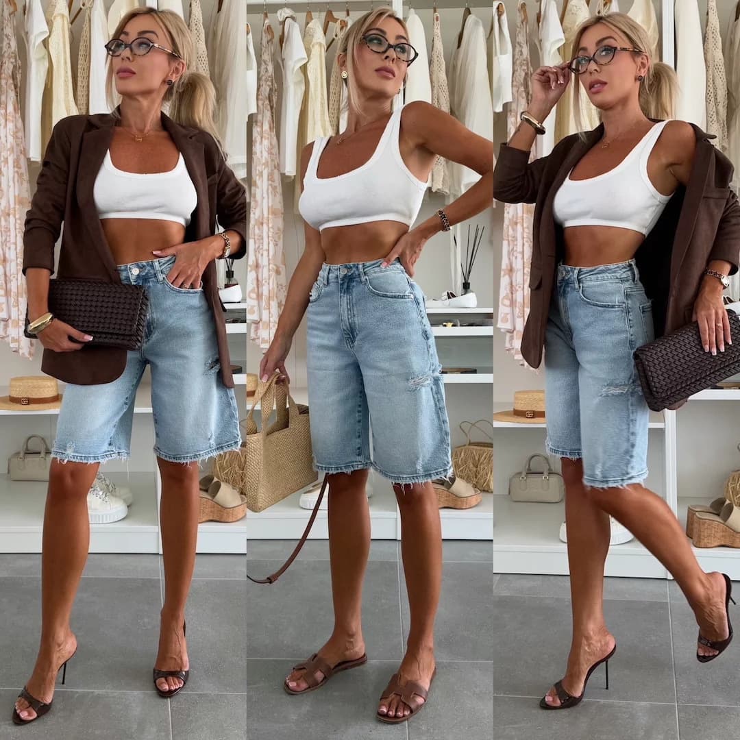 2025 European and American Cross-Border Summer New Arrival Urban Casual Loose Washed Distressed Denim Mid-Length Shorts for Women 8919