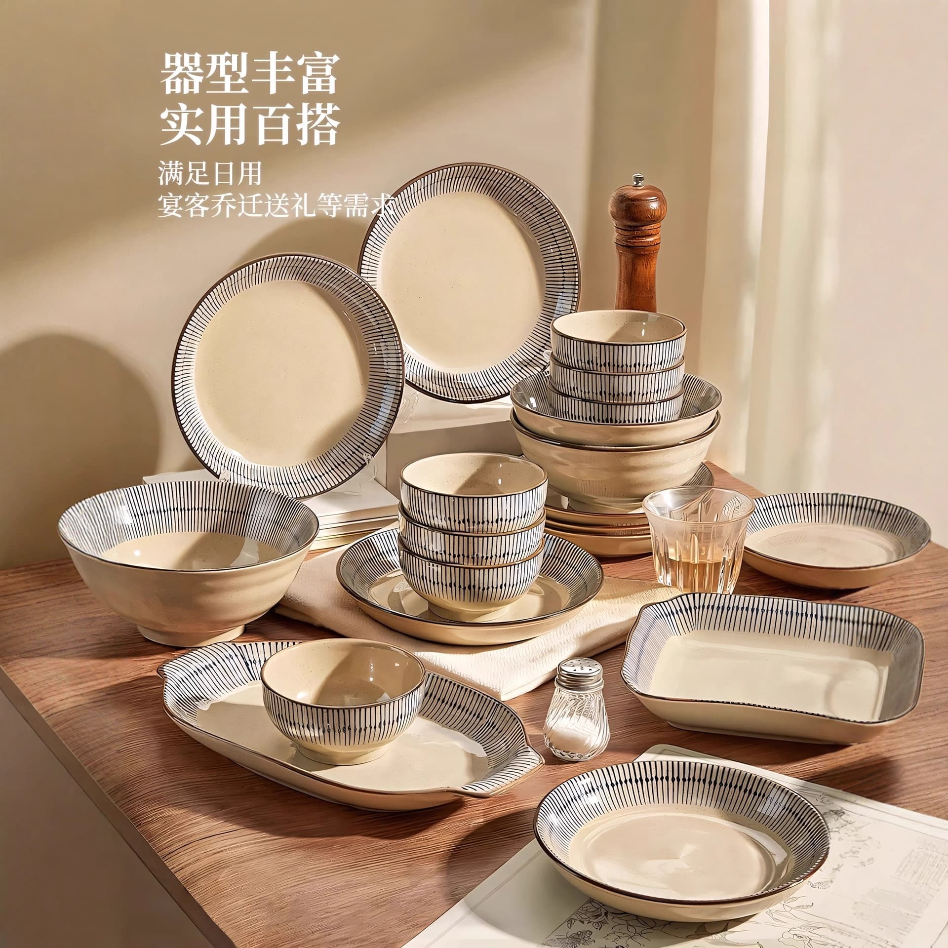 Japanese-style ceramic dinnerware set, underglaze bowls and plates, premium home rice bowls, dishes for vegetables, noodles, salad, and soup