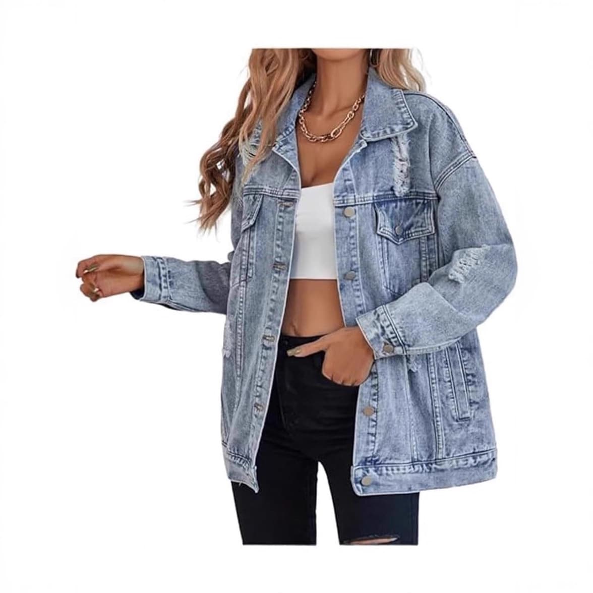Women's Oversized Denim Jacket with Boyfriend Ripped Vintage Style and Turn-Down Collar for TEMU Amazon Cross-Border Sales