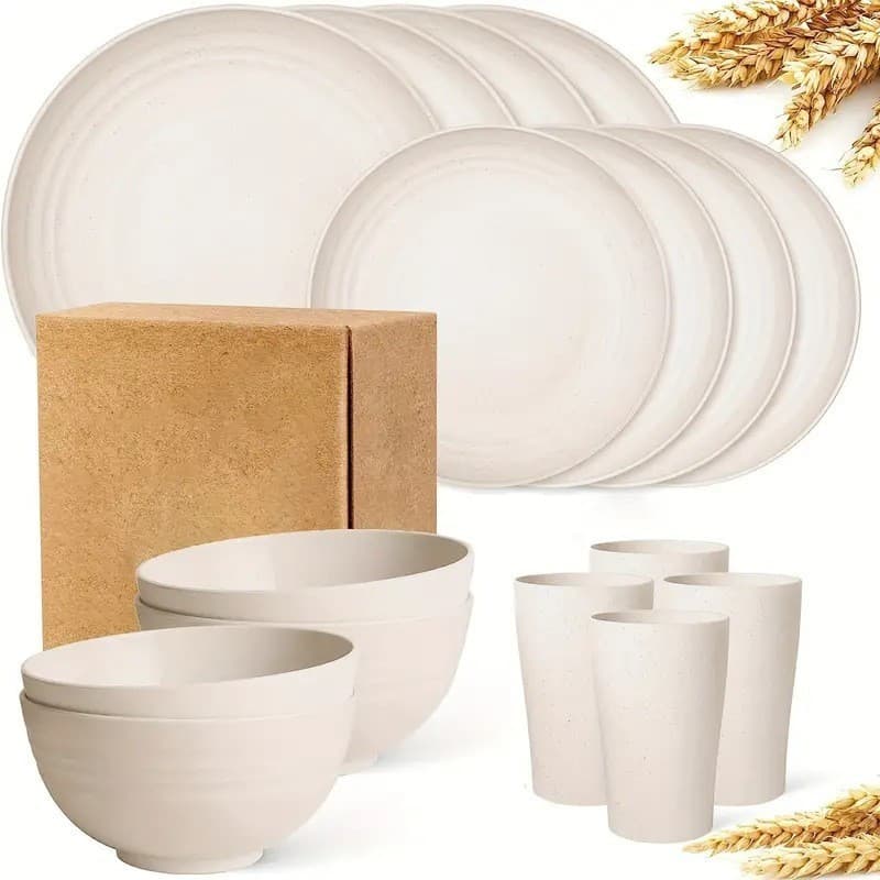 TEMU Best-Seller Wheat Straw Bowls Plates Cups Plastic Tableware Plate Bowl Dish 16-Piece Set Household Dinnerware Set