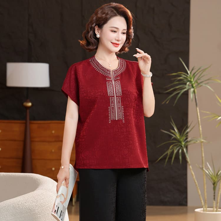 Plus Size Mother Summer 2026 New Set Middle-aged Women's Two-piece Elegant Summer Short Sleeve Loose Pants