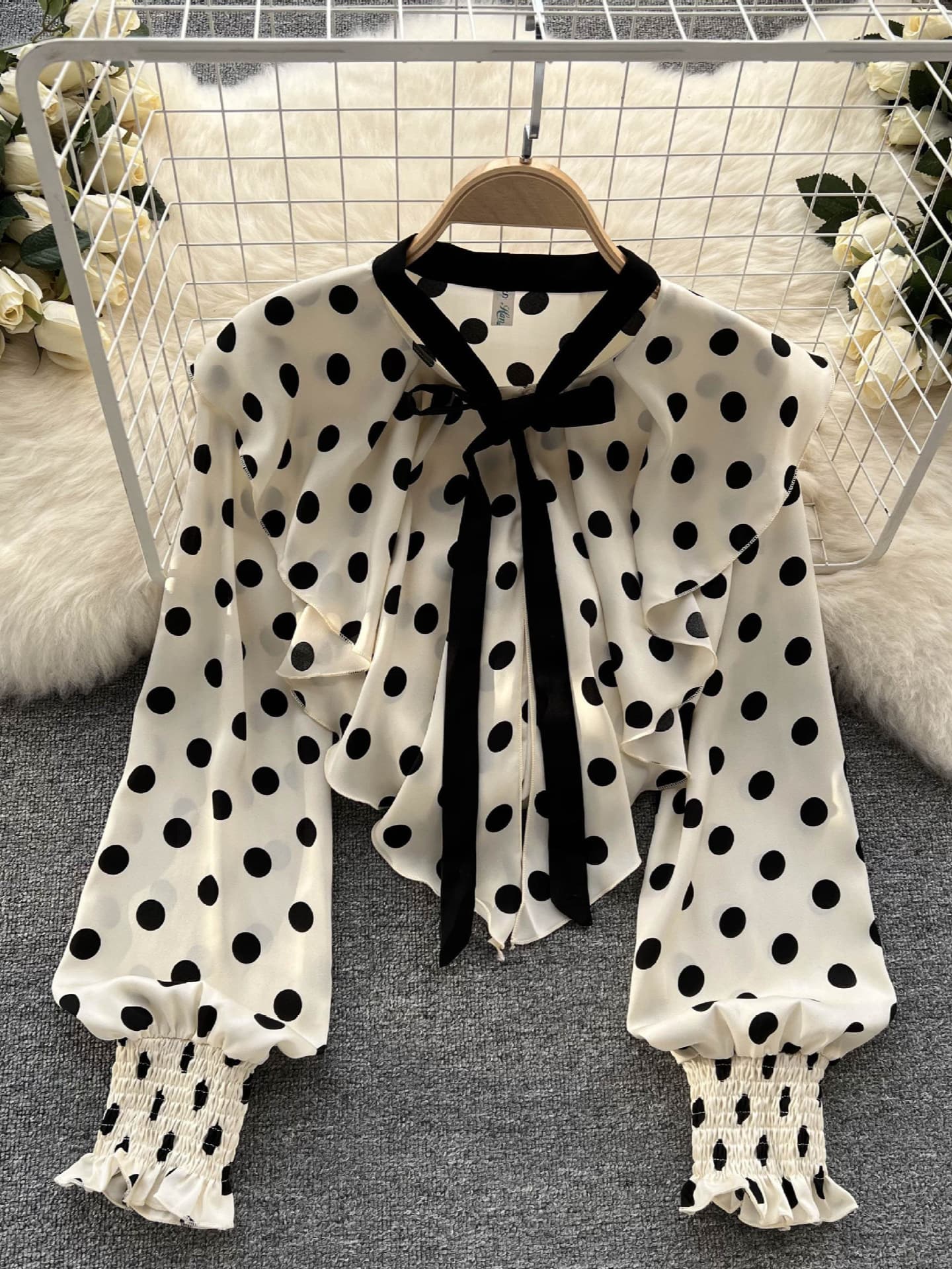 Cross-border French Polka Dot Blouse for Women, Designer Small Niche Ruffled Slim Fit Sweet Tie Chiffon Top