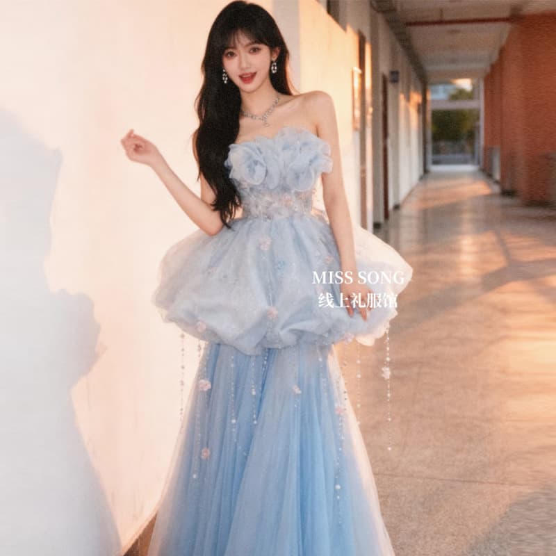 New Blue Jellyfish Dress for Photography Studio, Outdoor Travel Shoot Blue Flower Goddess Wedding Dress Photo Gown