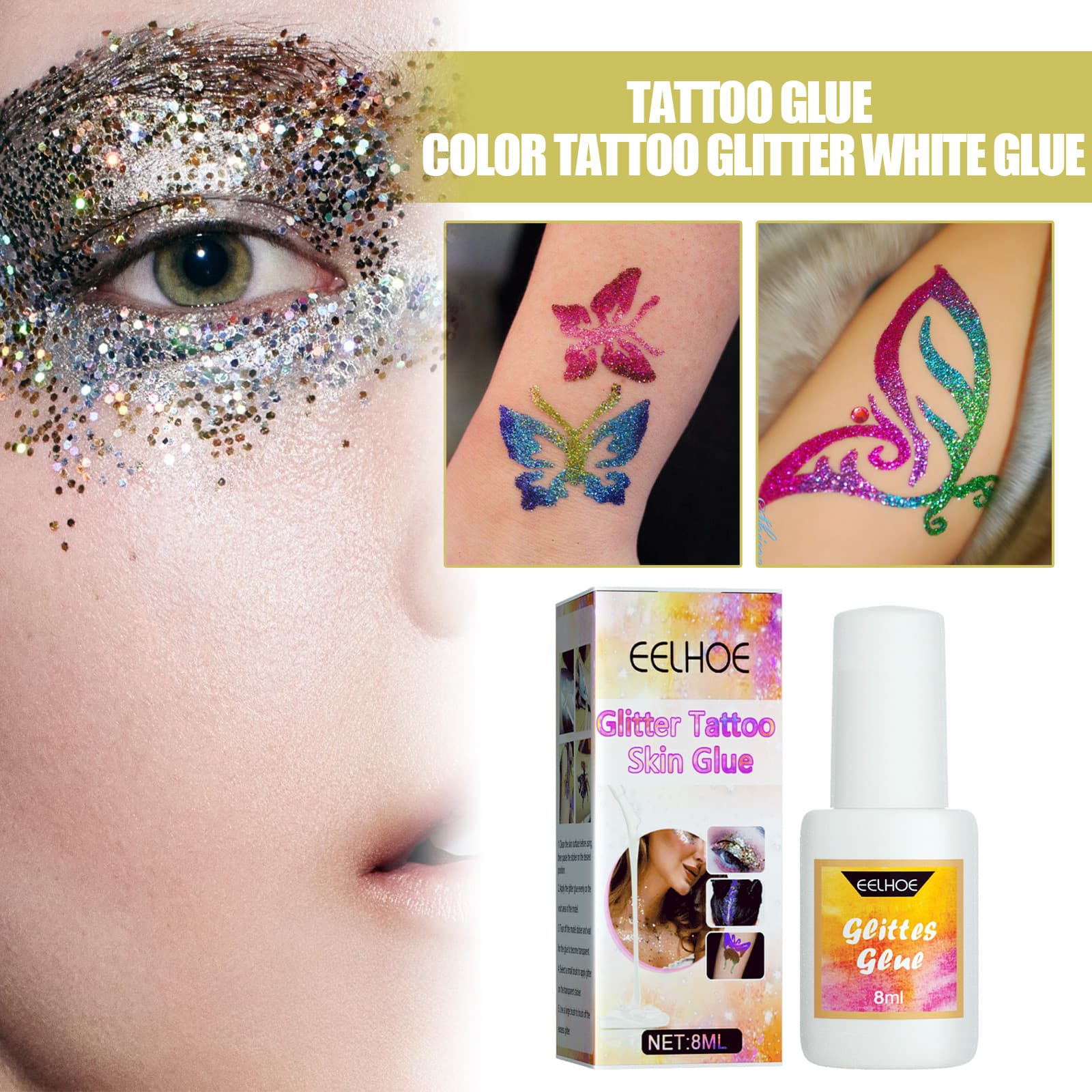 EELHOE Glitter Tattoo Skin Adhesive for Face and Body, Eye Makeup, and Body Art