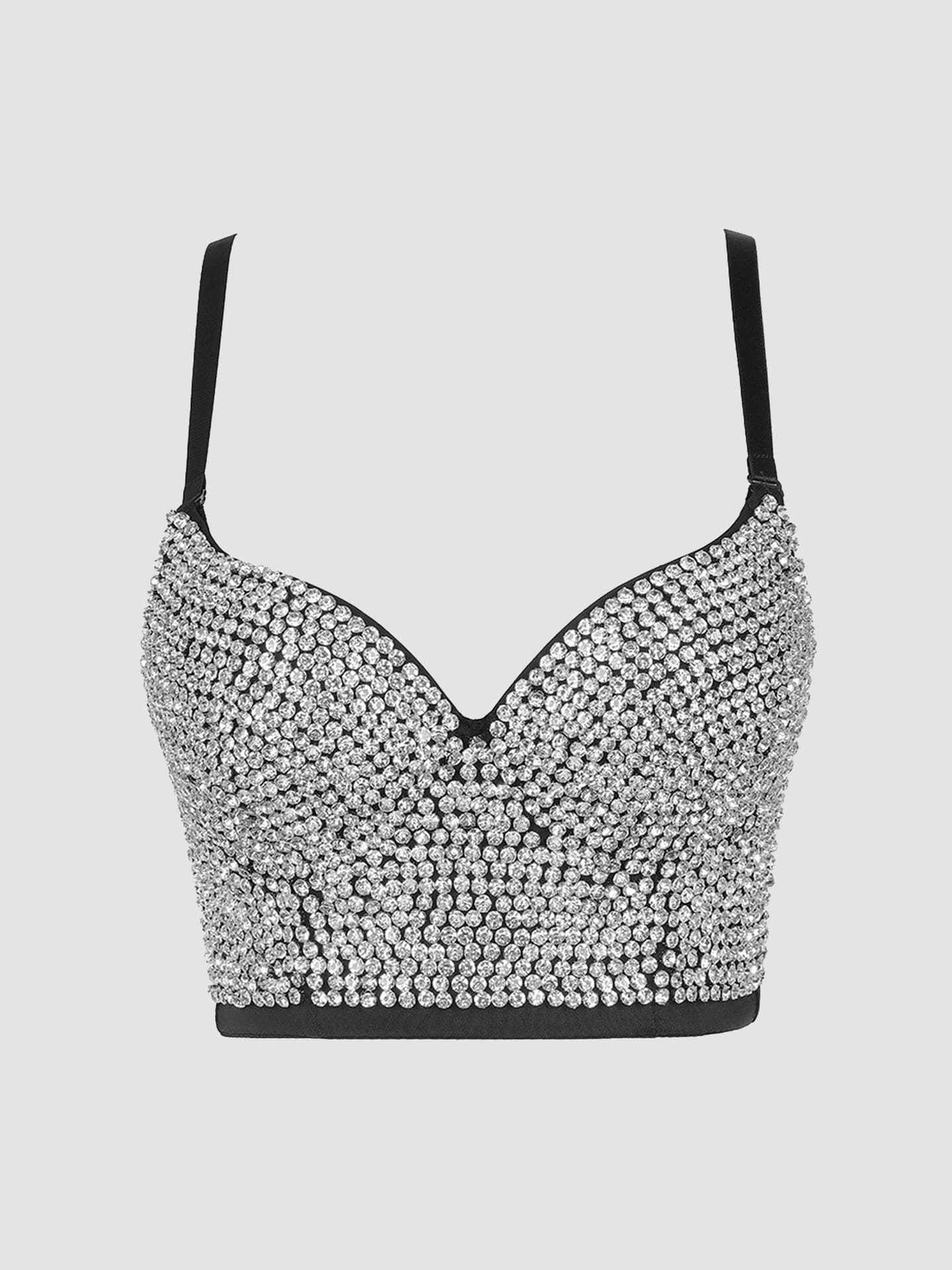 Luqiuguo Women's Rhinestone Camisole Bra Top with See-Through Diamond Back, Built-in Bra DB900