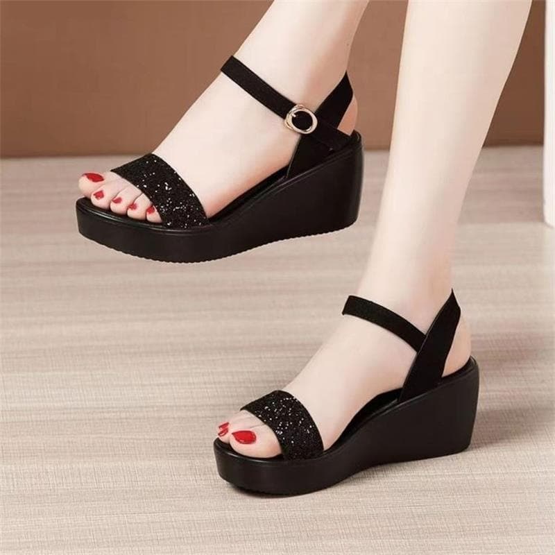 Summer New One-Strap Sandals for Women Fashion Thick Platform Wedge Heel Sandals Shiny Non-Slip High Heel Women's Shoes