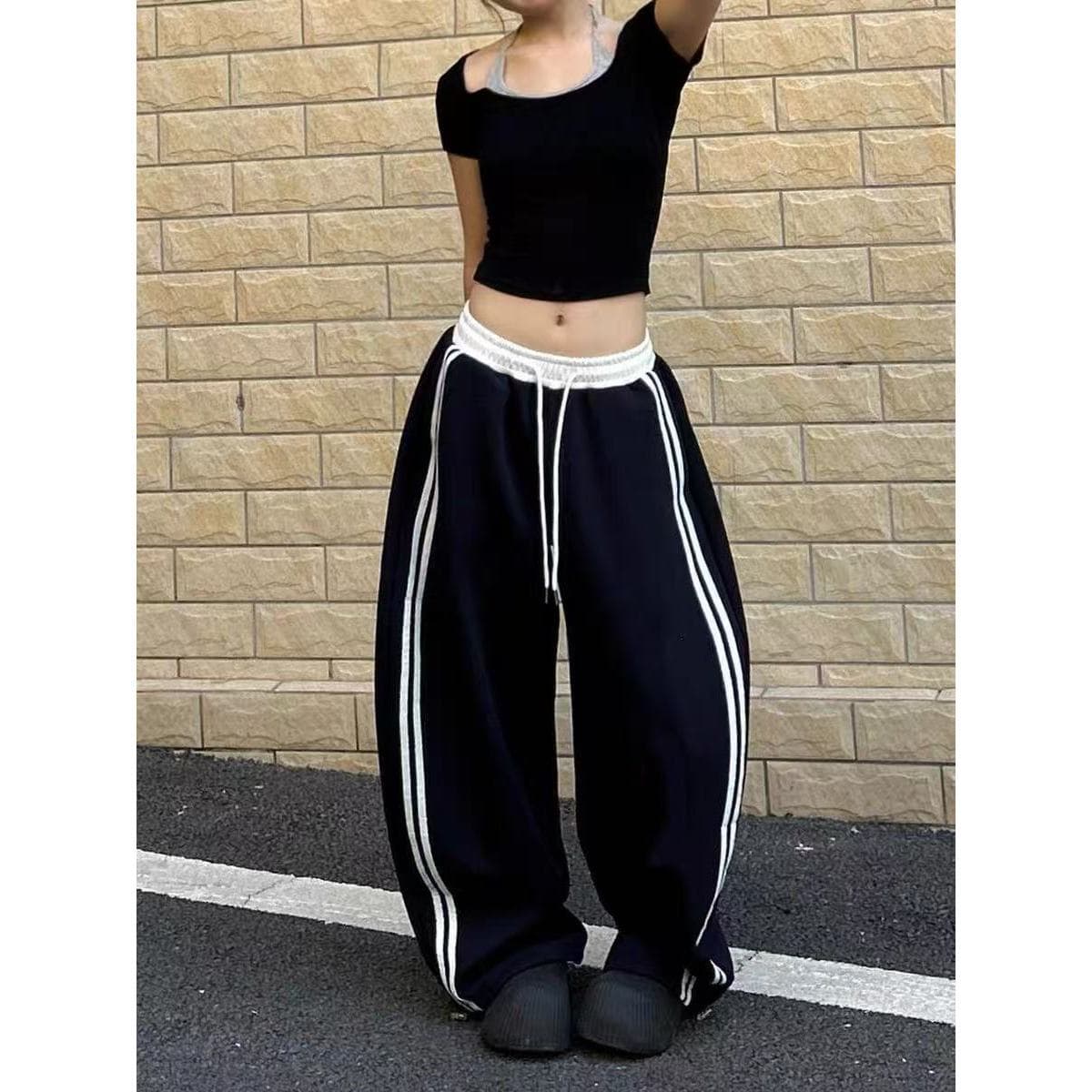 Retro Striped Sweatpants 2026 New Color-Block Spliced Design Curved Blade Pants Loose Versatile Wide-Leg Casual Joggers