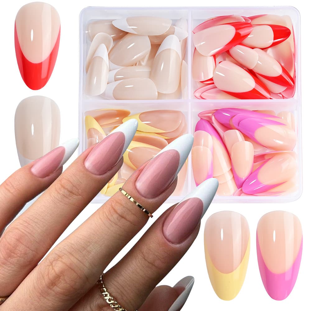 Cross-border 96 pieces of almond French wear nails, medium and long 4-color nail stickers, extension fake finger nail stickers, nail stickers