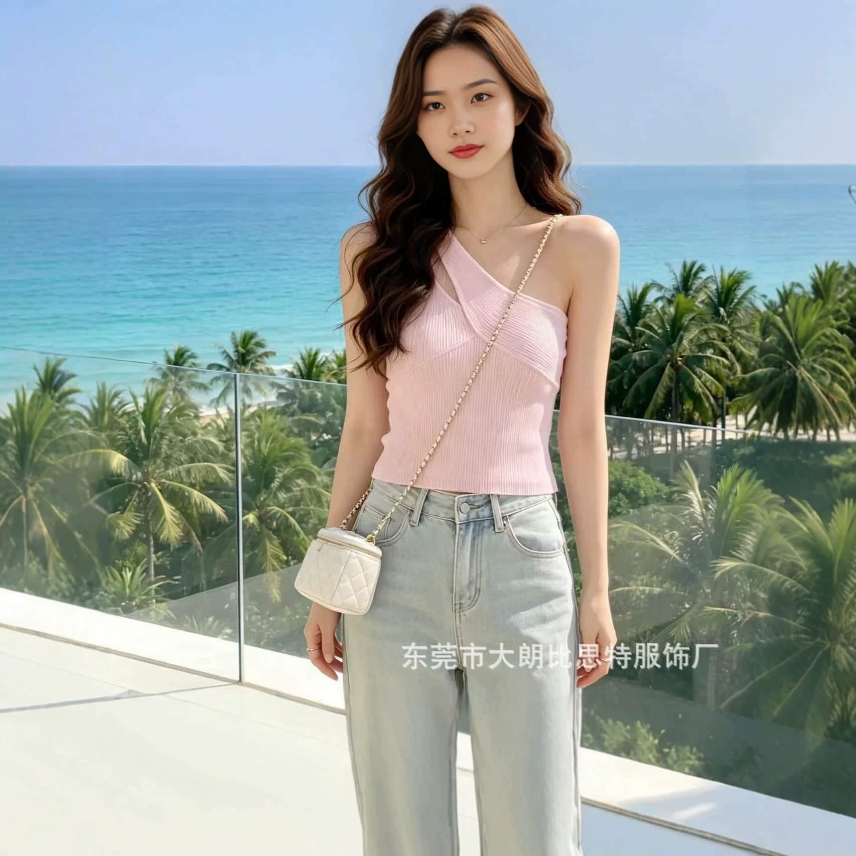 Summer oblique shoulder hollow halter neck knitted vest for women pure lust style slim pit strip short sleeveless suspender belt
