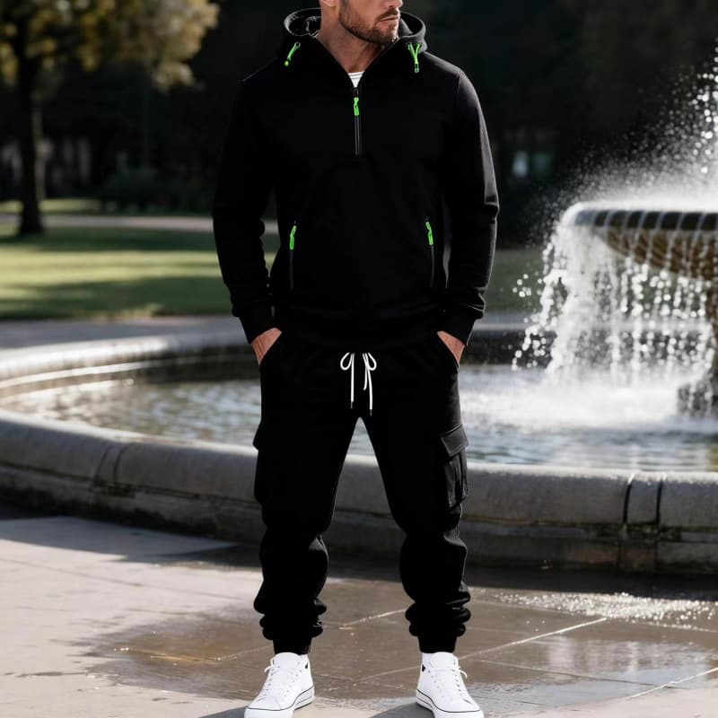 Amazon Men's Contrast Color Zipper Sweatshirt Two-piece Set Half-Front Fluorescent Zipper Multi-Pocket Cargo Sweatpants Europe and America