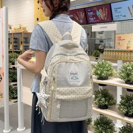 New Korean version of ins milk white star stripes college style backpack primary and secondary school girls class travel leisure school bag