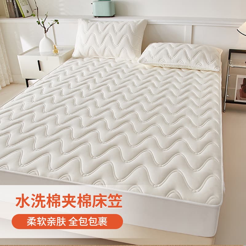 Cross-border New Style A-Grade Washed Cotton Quilted Bed Sheet Protector, Yunxi Series, Thickened Bed Cover, Wholesale Quilted Fitted Sheet