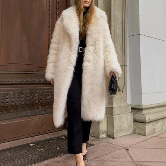 European and American Fall/Winter New Faux Fox Fur Long Coat Over-the-Knee Overcoat with Lapel and Hidden Buttons for Women