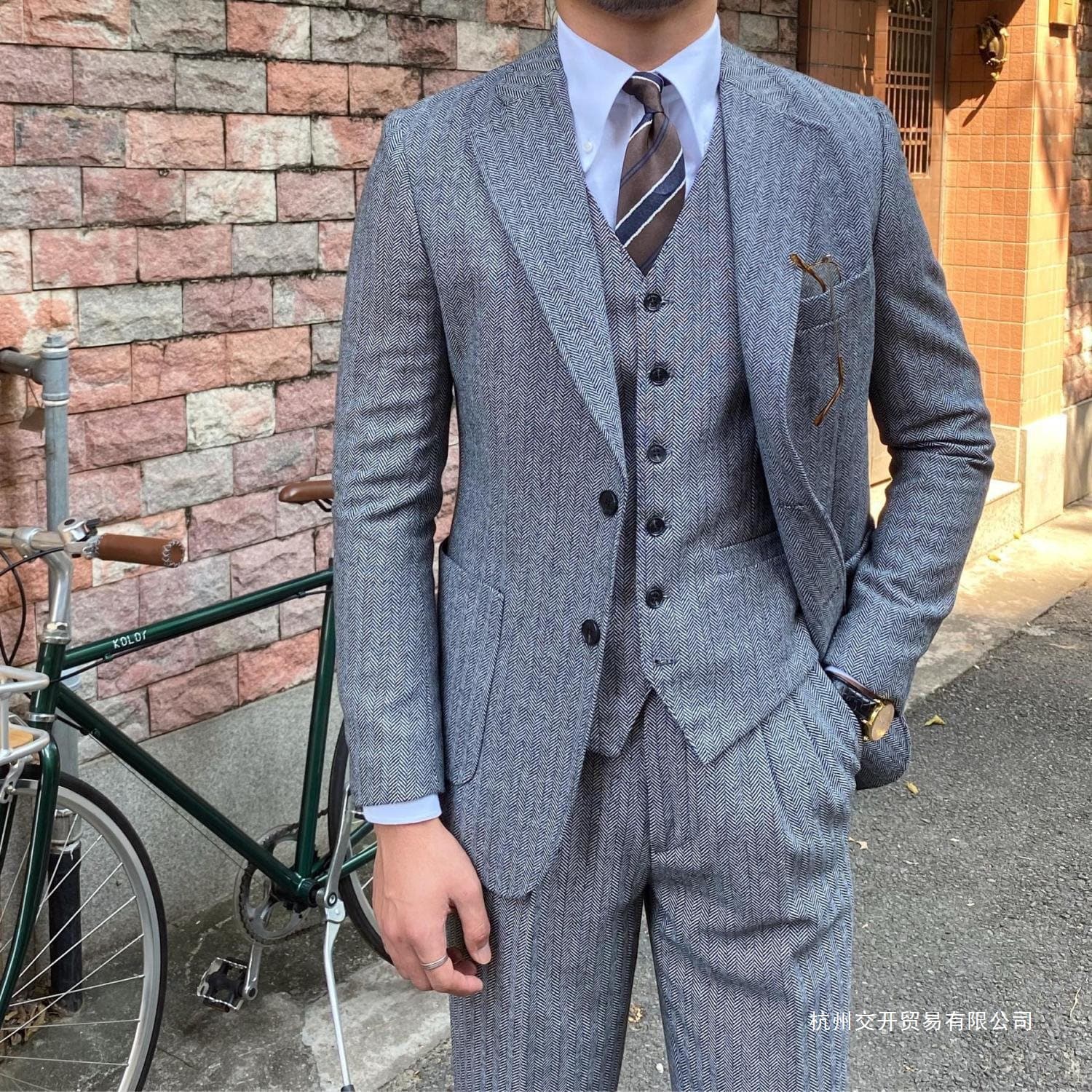 Heavyweight Retro Herringbone Wool Suit Set, Slim-Fit Three-Piece Gentleman's Trendy Men's Suit