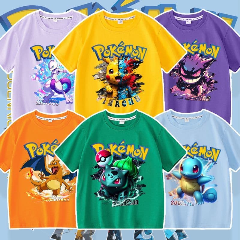Cross-border Pikachu Charizard Squirtle Bulbasaur Mewtwo Gengar Short Sleeve T-Shirt Round Neck Top for Men Women Kids