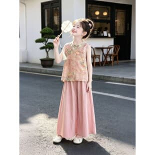 Girls' Chinese Style Set 2026 New Arrival Summer Older Girls' Outfit Stunning New Chinese Style Vest Wide-Leg Pants Two-Piece Set
