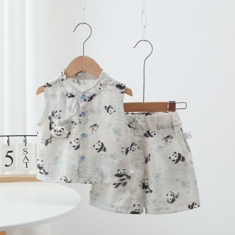Kids Summer New Sleeveless Set Boys Cartoon Cute Casual Printed Chinese Style Lapel Collar Shorts Two-Piece Set