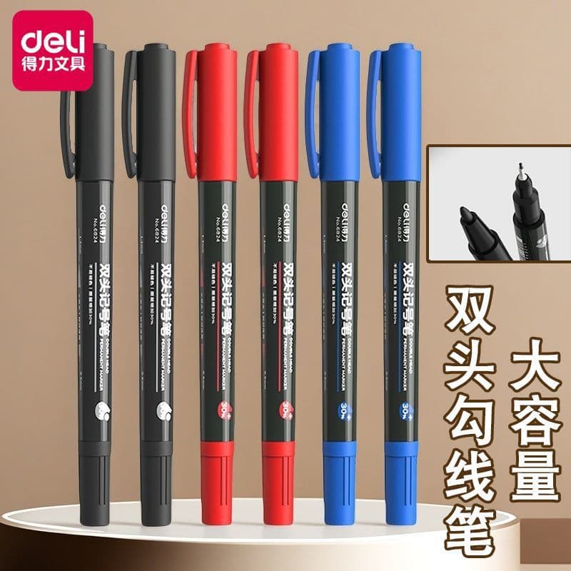Deli Marker Pen Water-Based Black Red Fine Tip Children Student Art Stationery Dual-Head Oil-Based Marker