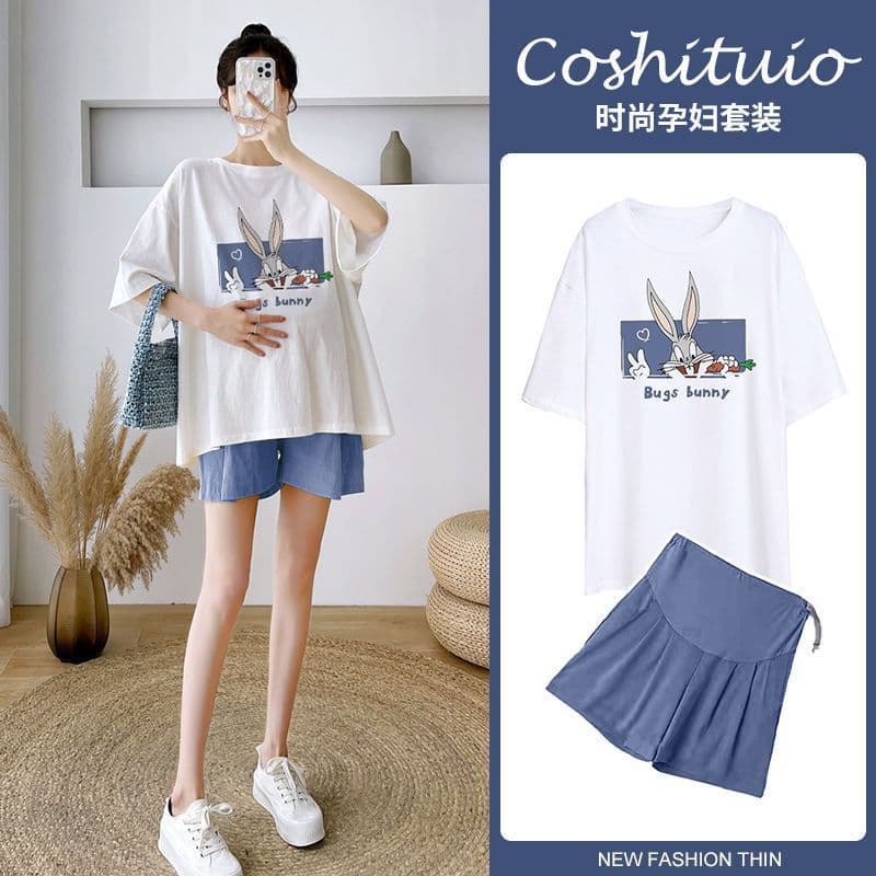 Summer Ins Style Maternity Top for Fashionable Moms, Cute Cartoon Rabbit Design, Conceals Belly, Summer Maternity Wear Set