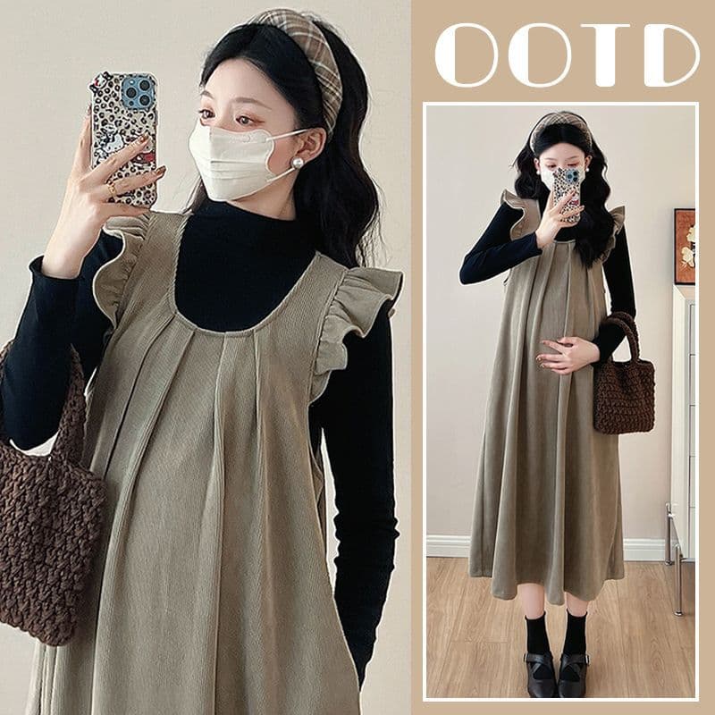 Maternity Outfit Autumn/Winter Going Out Set Fall Dress Long Length Over Knee Skirt TikTok Two-Piece Set