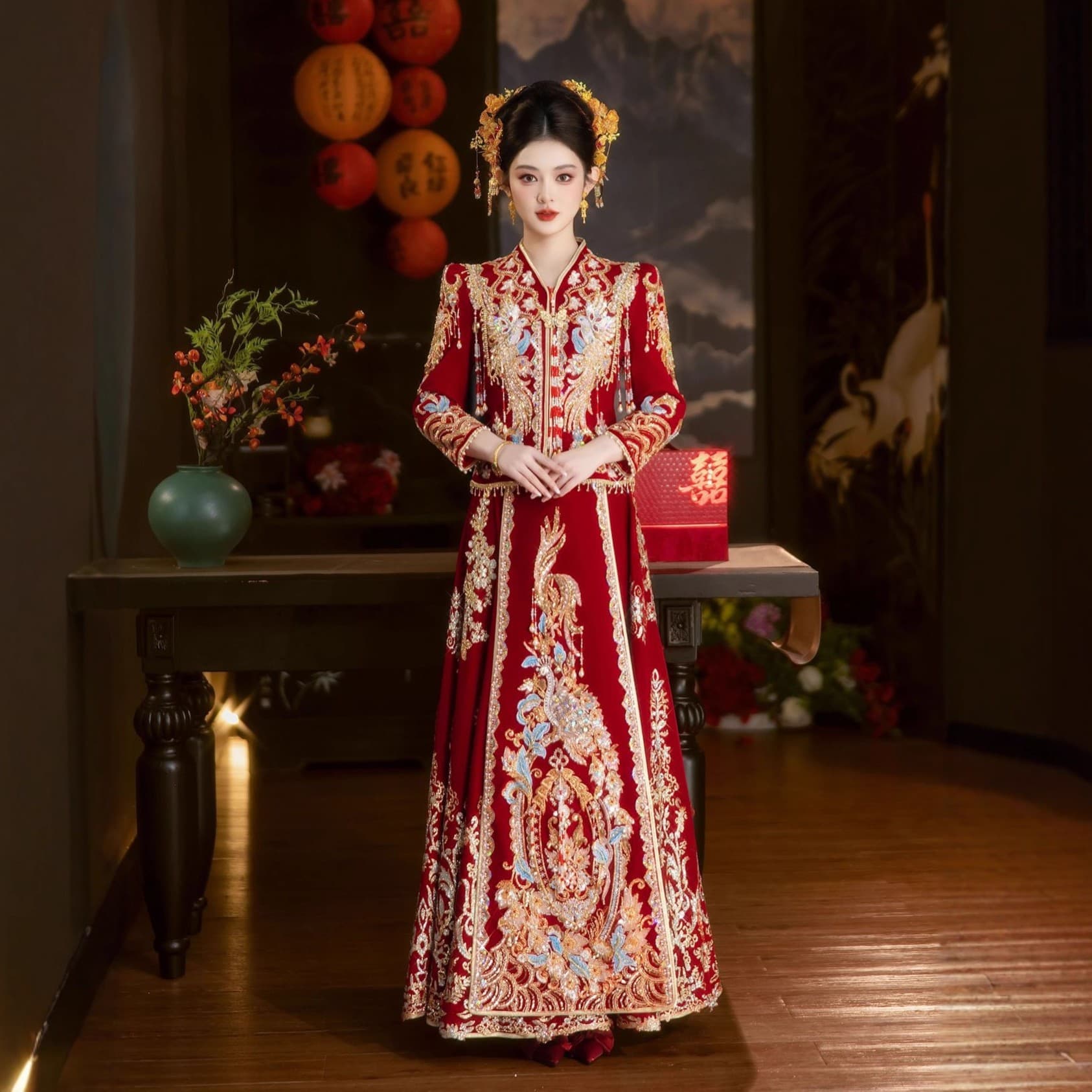 Huacai Velvet Xiuhu Suit 2026 New Heavy Craft Bride Wedding Dress New Chinese Style Wedding Gown Slimming Dress