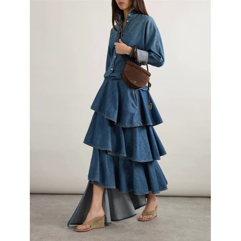 Fashion Denim Suit for Women 2025 Autumn Raglan Sleeve Loose Shirt Asymmetric Ruffle Fishtail Skirt Two-Piece Set Trendy