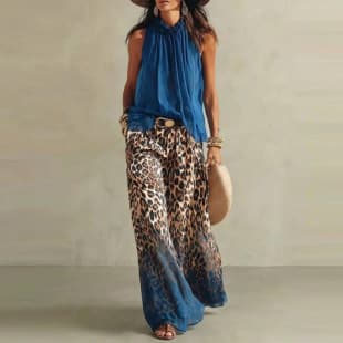European-American Cross-Border 2026 New Fashion Blue Halter Neck Sleeveless Chiffon Top Leopard Print Gradient Wide-Leg Pants Set