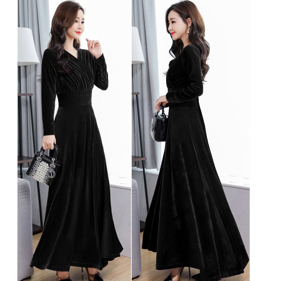 2024 New Autumn Winter Velvet Dress Long Slim Fit Elegant Long Sleeve Plus Size Women's Dress