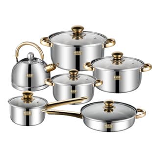 Cross-Border E-Commerce Cookware Set, Stainless Steel 12-Piece Set, Gold Handles, Non-Stick Frying Pan, Kettle, Wholesale