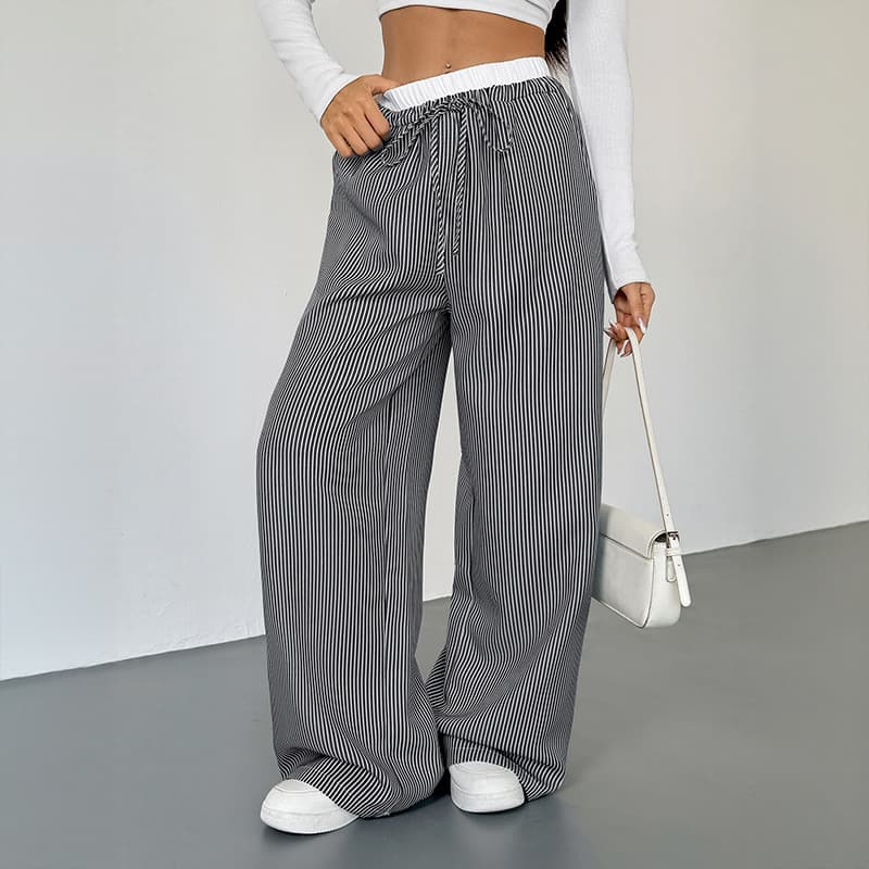 [Baifenzhiyi] TikTok2026 new retro casual style striped lace splicing wide-leg floor-length pants for women