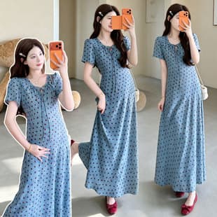 French Vintage Blue Polka Dot Maternity Dress Summer 2026 Short Sleeve V-Neck Concealing Body Loose Swing Dress for Mid to Late Pregnancy