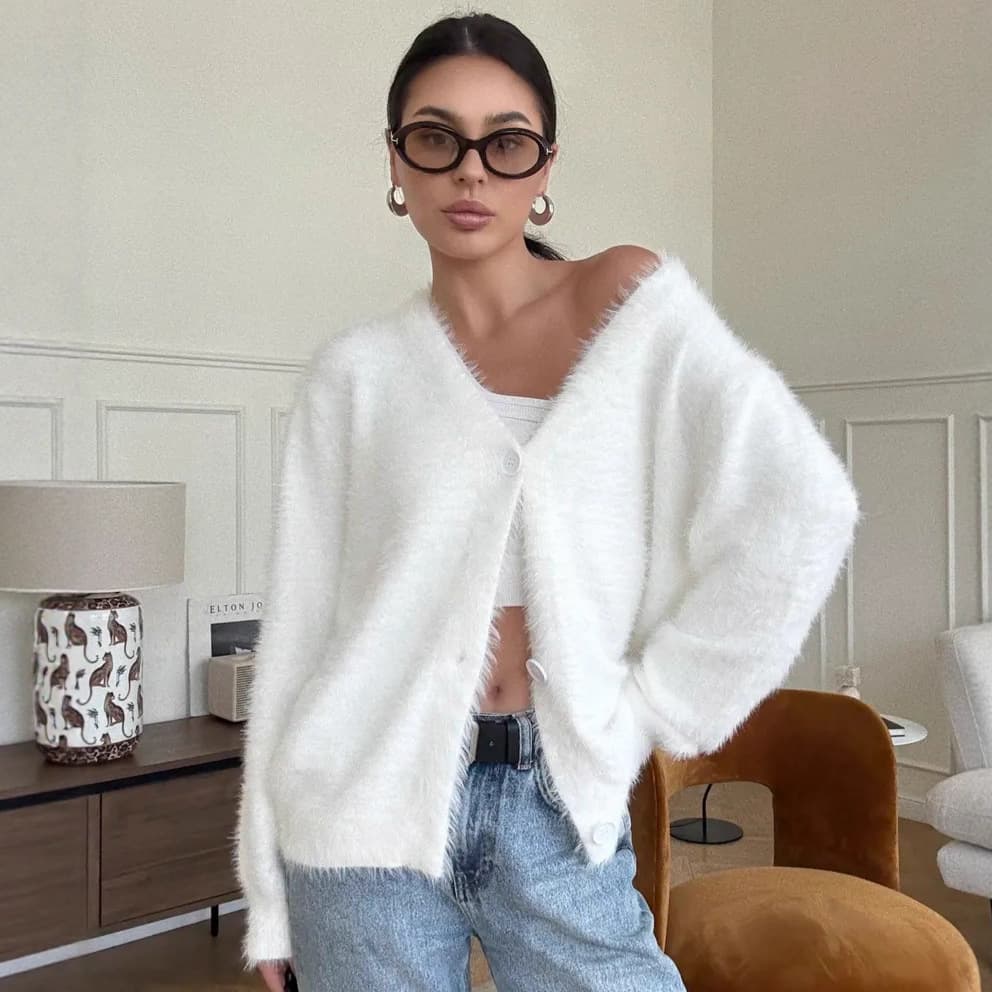 White faux mink fur cardigan sweater for women, autumn/winter new soft fluffy top loose lazy-style knit jacket.