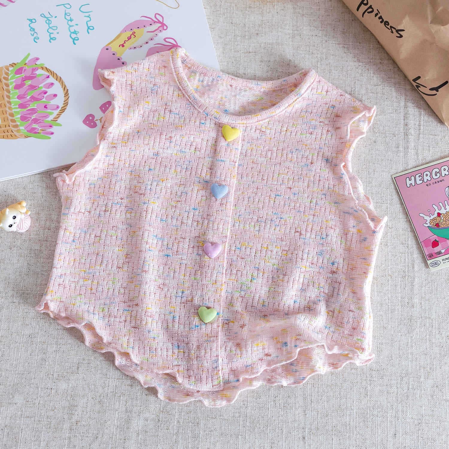 Girls 2026 Summer New T-Shirt Baby Korean Sweet Ruffle Sleeveless Candy Color Vest Top