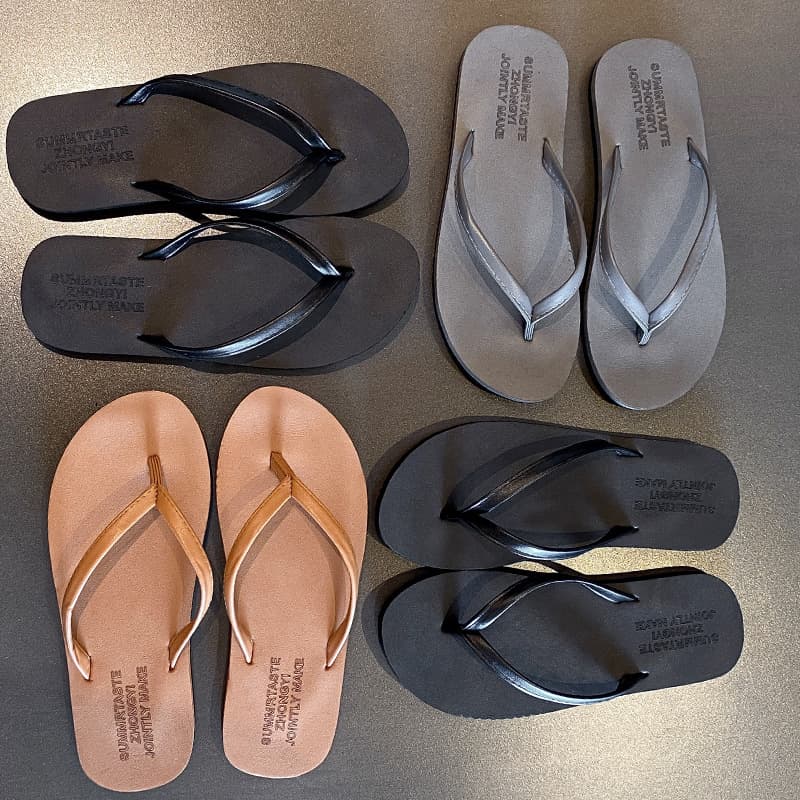Men's and Women's Flip-Flops, Black PU Leather, Couple's Outdoor Fashion Beach Vacation Trendy Flat Flip-Flops