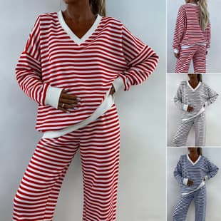 European and American Export Women's Amazon Bestseller Fashion Casual Set V-Neck Long Sleeve Top Wide Leg Pants Two-Piece Set