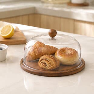 Nordic Style Round Acacia Wood Cake Plate with Transparent Acrylic Dust Cover, Home Snack Fruit Storage Tray