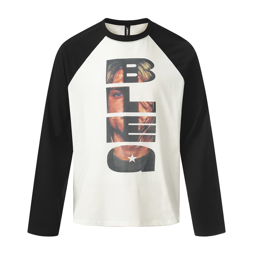 European and American Retro Men's T-Shirt, Round Neck Contrast Print, Loose Fit, New Style, Versatile Long-Sleeve Top
