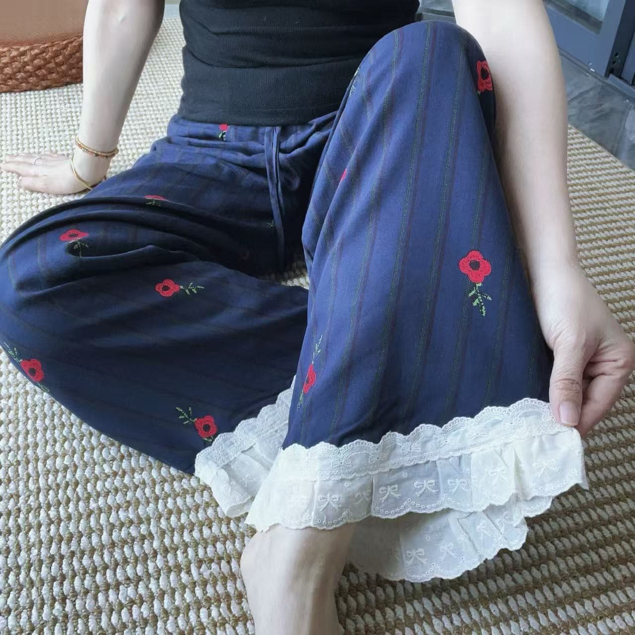 New Cotton Gauze Sleep Pants Women's Summer Thin Japanese Forest Style Sweet Lace Trim Stitching Wide Leg Pants Loose Walking Pants
