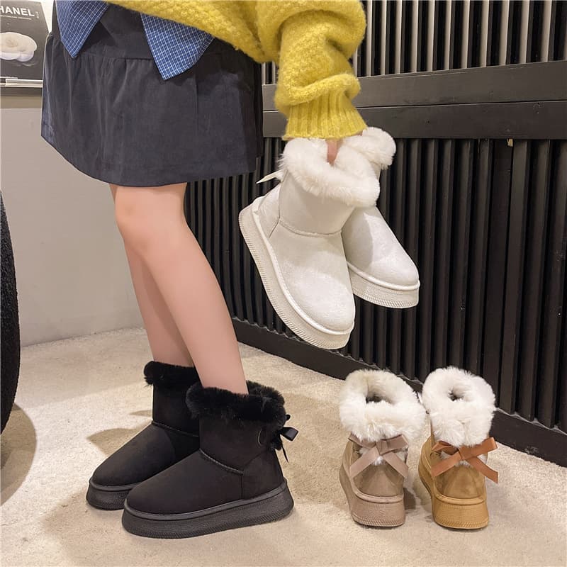 Cross-border 2025 Winter New Snow Boots for Women, Thick Sole, Bowknot, Casual, Fleece-Lined, Thickened, Warm, Non-Slip Cotton Boots