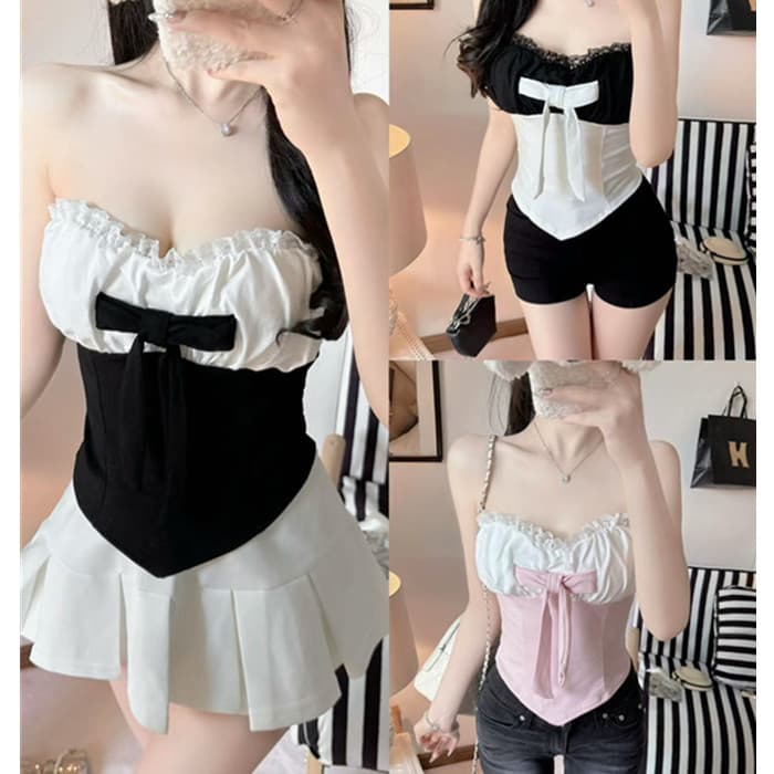 Lace Strapless Camisole with Bow Design, Sweet and Edgy with Padded Cups, Comfortable Backless Top