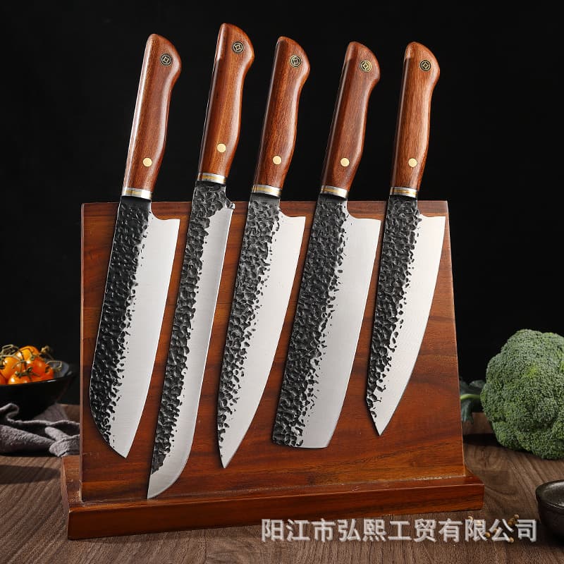 Kitchen Knife Set Western Chef Knife 5-piece Set Wooden Handle Hammered Texture Knife Factory Direct Cross-border Kitchen Knife
